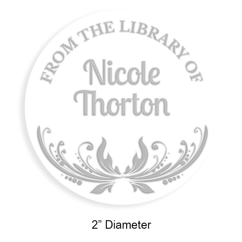 Custom-made 2" round book embosser. Decorative open border design. 4 mount options available. Desk, gift, pocket and EX long reach. Fast shipping.