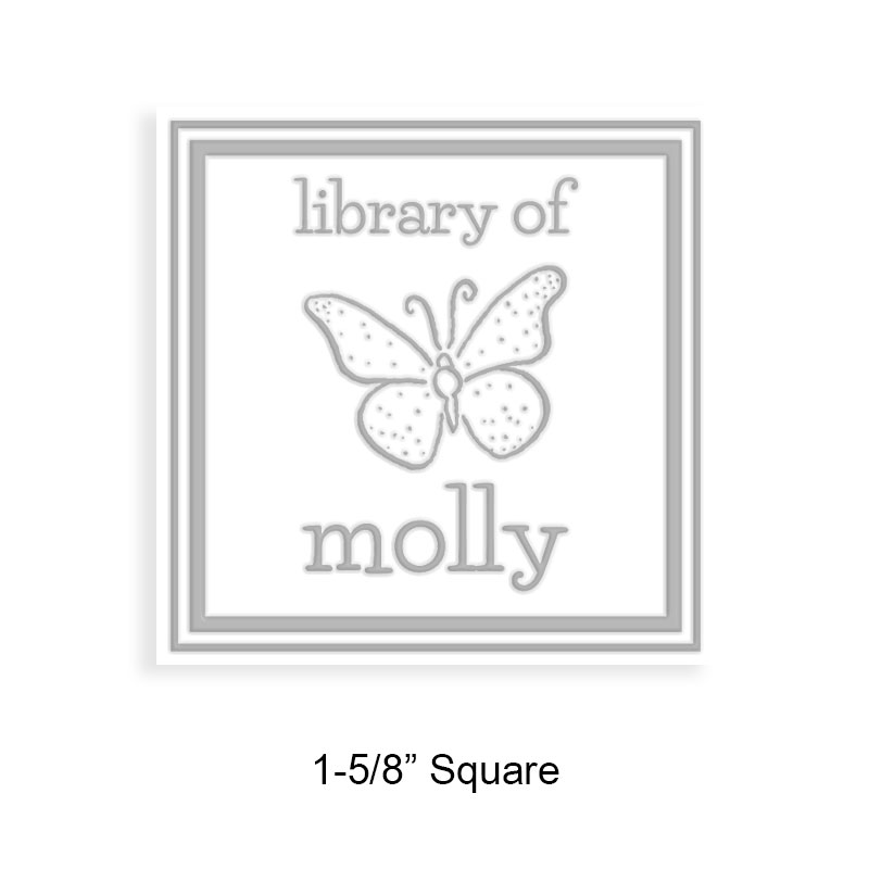 Custom-made 1-5/8" square book embosser. Double border with butterfly design. 3 mount options available. Desk, gift and pocket. Fast shipping.