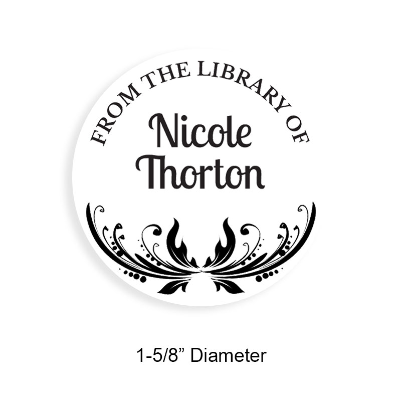 Personalized 1-5/8" round book stamp. Decorative open border design. 6 mount options available. Wood, self-inking and pre-inking. Fast shipping.