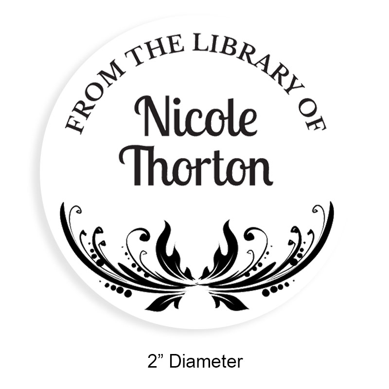 Custom-made 2" round book stamp. Decorative open border design. 6 mount options available. Wood, self-inking and pre-inking. Fast shipping.