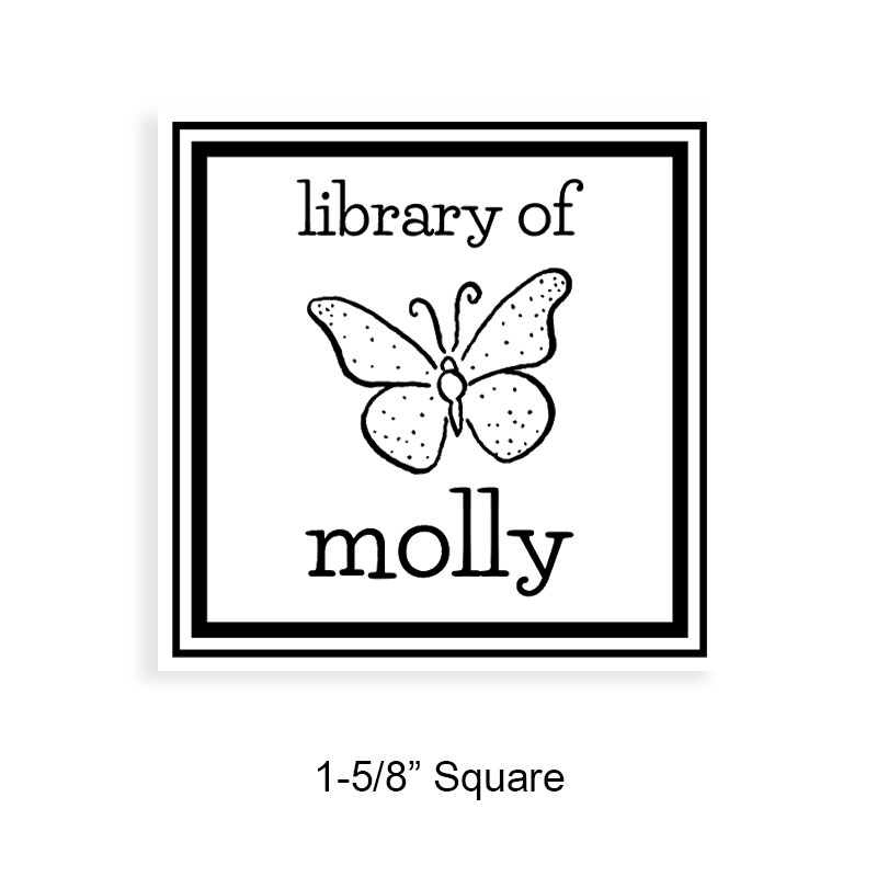 Custom-made 1-5/8" square book stamp. Double border with butterfly design. 7 mount options available. Wood, self-inking and pre-inking. Fast shipping.