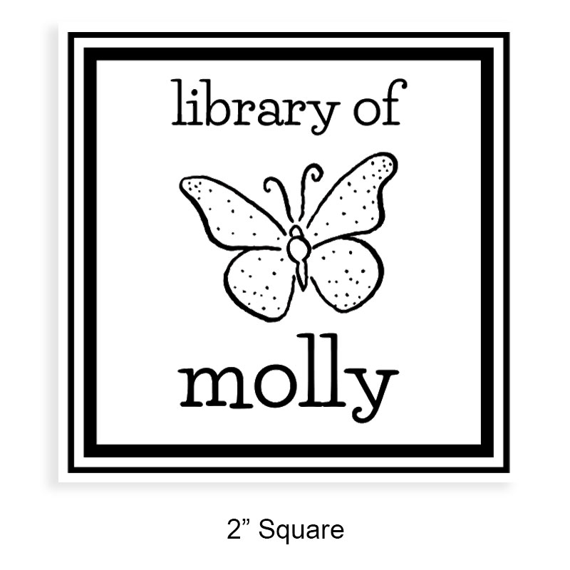 Personalize this 2" square book stamp. Double border with butterfly design. 3 mount options available. Wood hand stamp and pre-inking. Fast shipping.