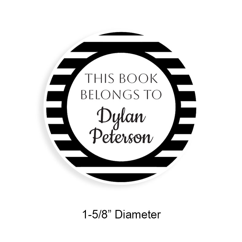 Customize this 1-5/8" round book stamp. Bold stripes design. 6 mount options available. Wood, self-inking and pre-inking. Fast shipping.