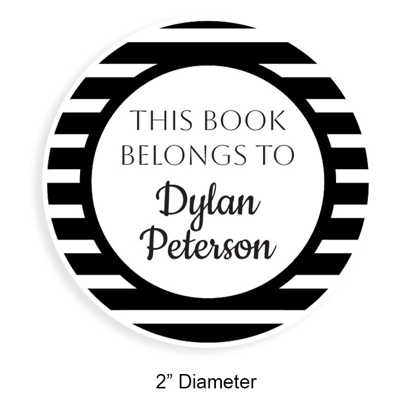 Made-to-order 2" round book stamp. Bold stripes design. 6 mount options available. Wood, self-inking and pre-inking. Fast shipping.