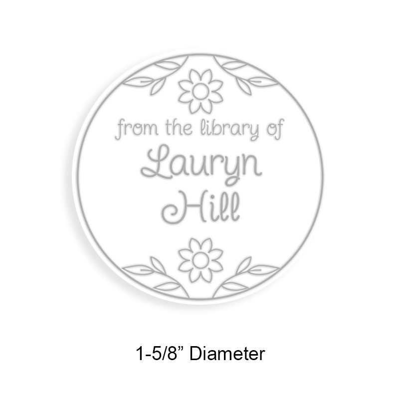 Customizable 1-5/8" round book embosser. Leaves w/ flowers design. 3 different mount options available. Desk, gift and pocket. Fast shipping.