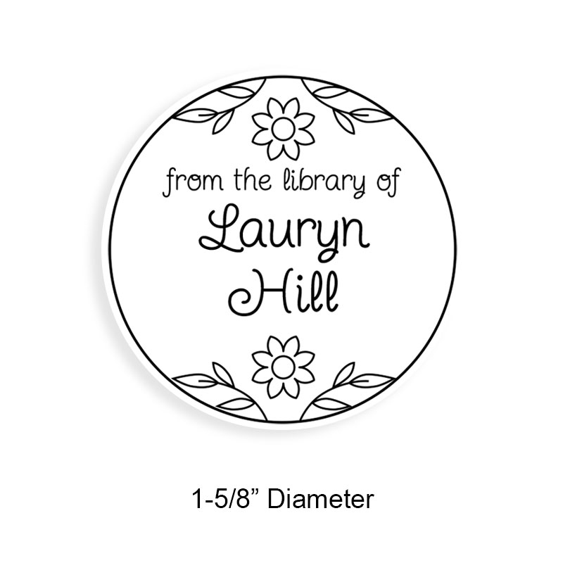 Customizable 1-5/8"" round book stamp. Leaves w/ flowers design. 6 mount options available. Wood, self-inking and pre-inking. Fast shipping.