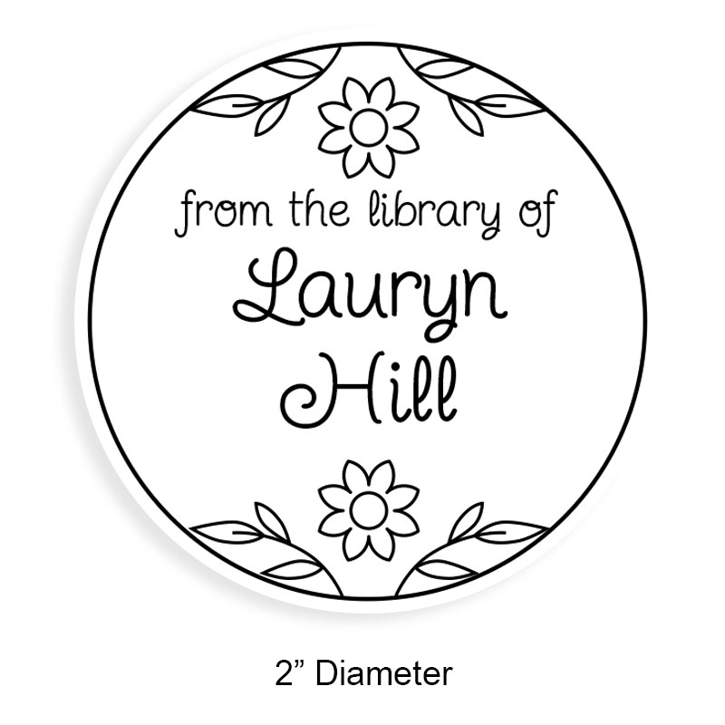 Personalize this 2" round book stamp. Leaves w/ flowers design. 6 mount options available. Wood, self-inking and pre-inking. Fast shipping.