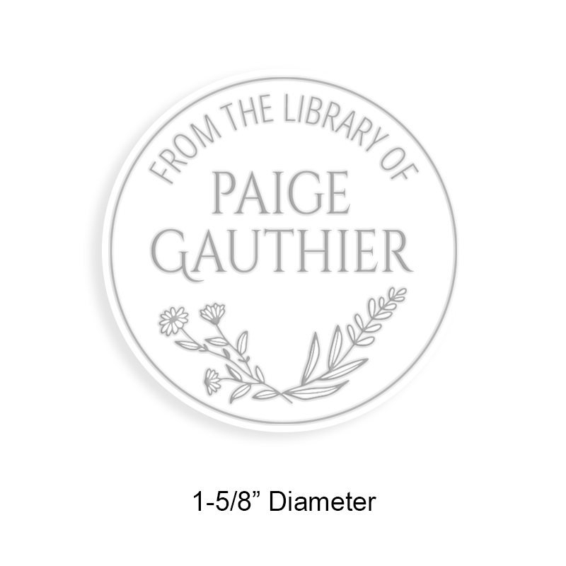 Personalize this 1-5/8" round book embosser. Open border flowers design. 3 different mount options available. Desk, gift and pocket. Fast shipping.