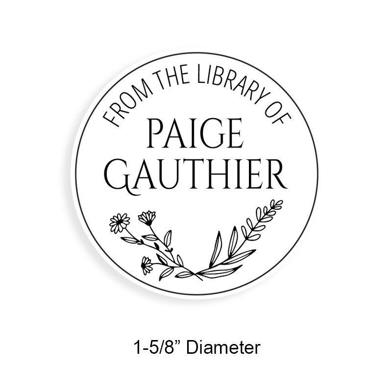 Personalize this 1-5/8" round book stamp. Open border flowers design. 6 mount options available. Wood, self-inking and pre-inking. Fast shipping.