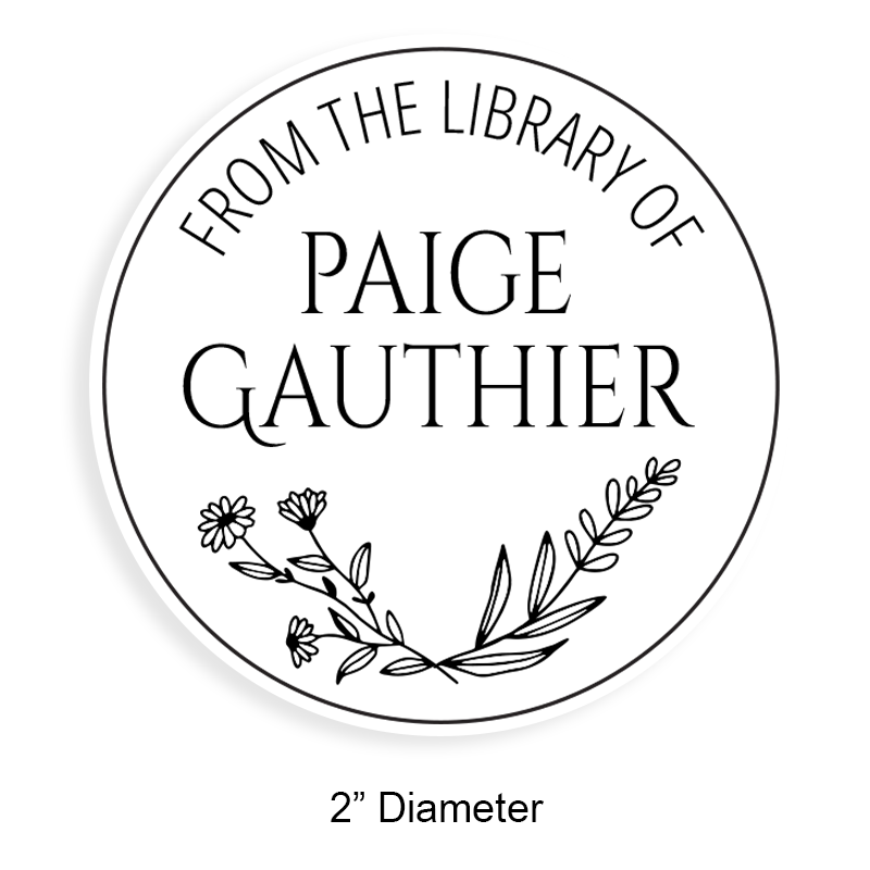 Tailor-made 2" round book stamp. Open border flowers design. 6 mount options available. Wood, self-inking and pre-inking. Fast shipping.