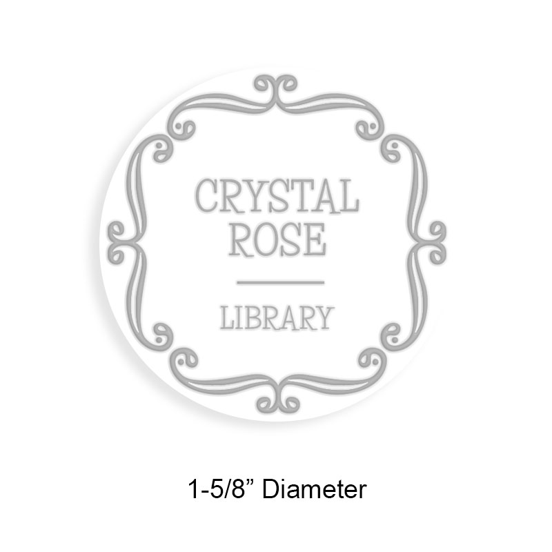 Made-to-order 1-5/8" round book embosser. Curly line frame design. 3 different mount options available. Desk, gift and pocket. Fast shipping.