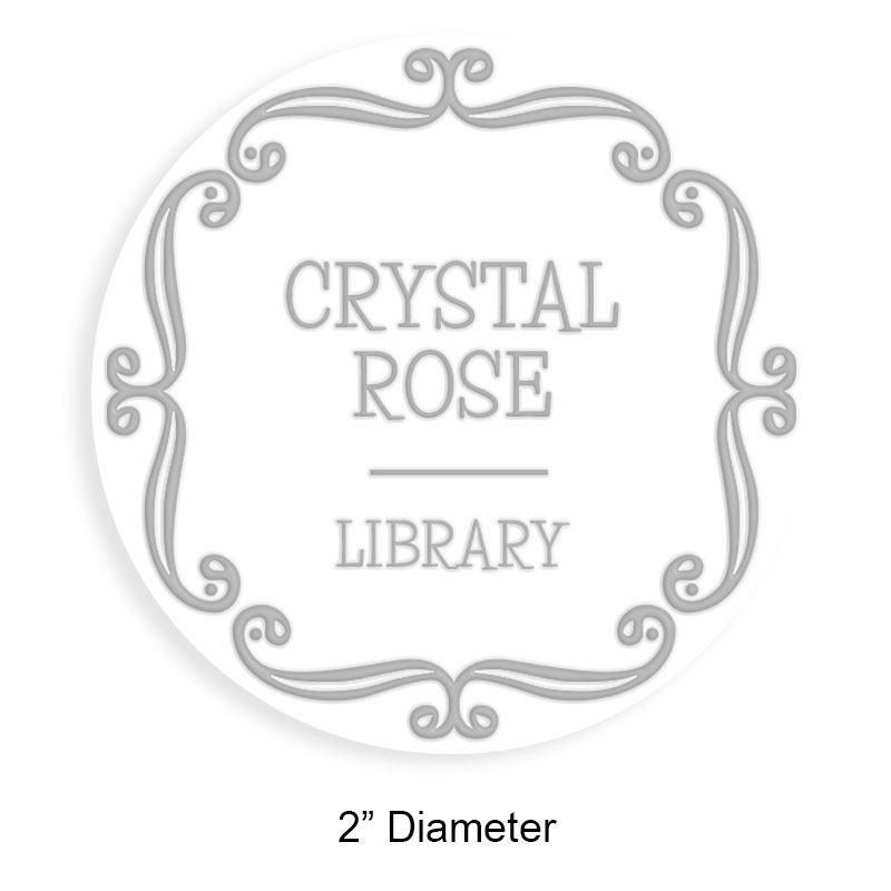 Personalized 2" round book embosser. Curly line frame design. 4 mount options available. Desk, gift, pocket and EX long reach. Fast shipping.