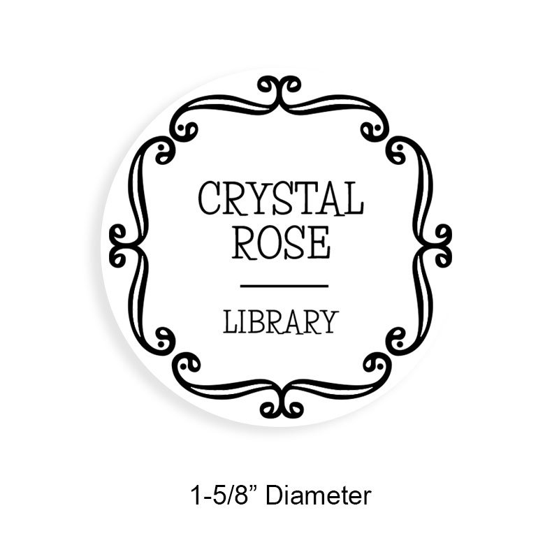 Made-to-order 1-5/8" round book stamp. Curly line frame design. 6 mount options available. Wood, self-inking and pre-inking. Fast shipping.