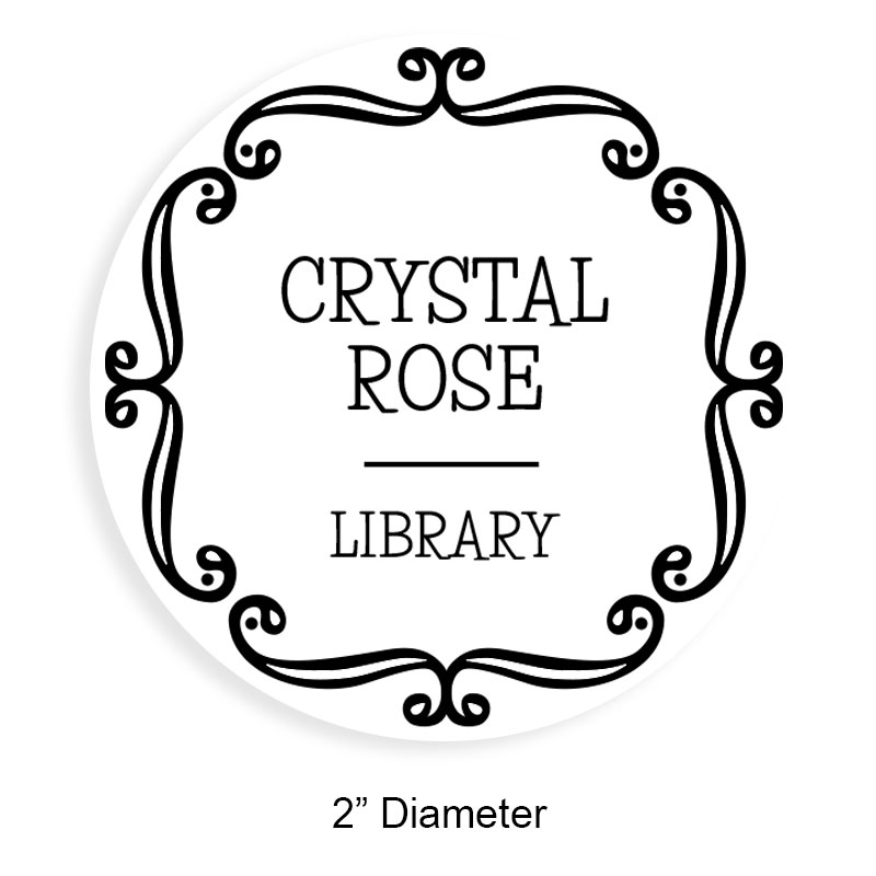 Personalized 2" round book stamp. Curly line frame design. 6 mount options available. Wood, self-inking and pre-inking. Fast shipping.