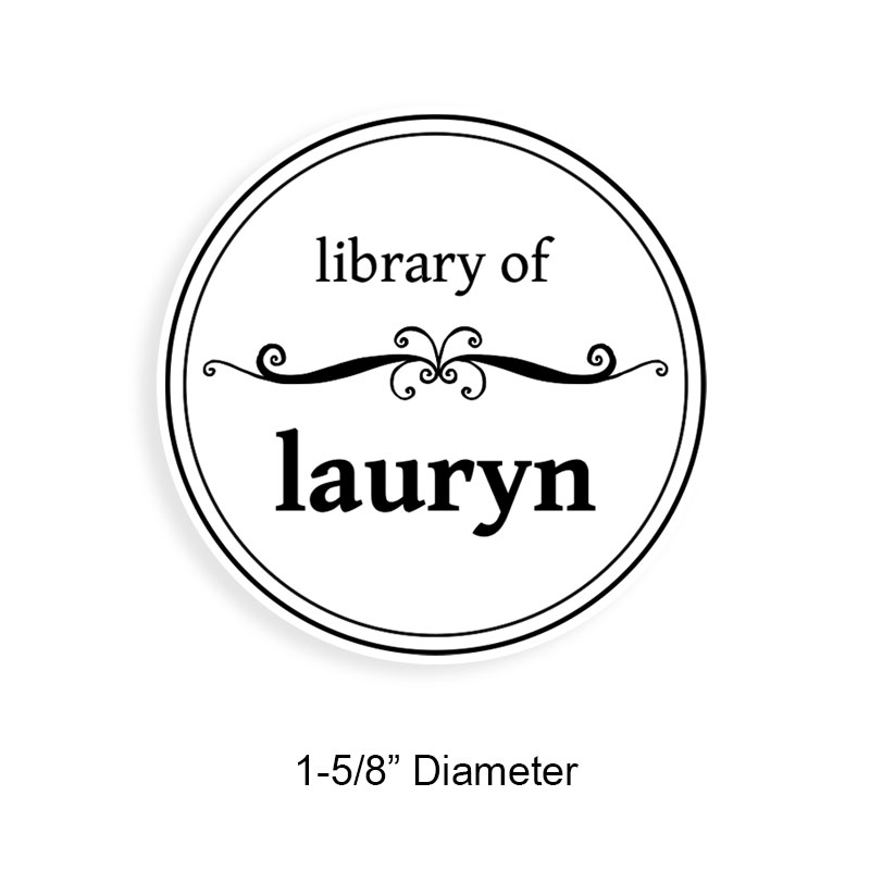 Tailor-made 1-5/8" round book stamp. Curvy line divider design. 6 mount options available. Wood, self-inking and pre-inking. Fast shipping.