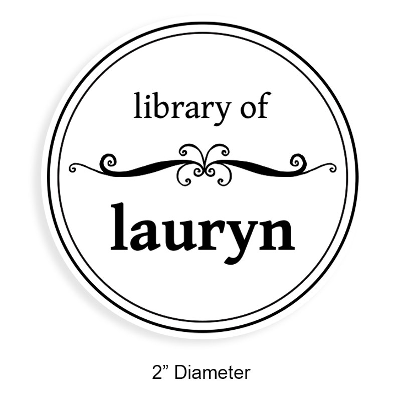 Customize this 2" round book stamp. Curvy line divider design. 6 mount options available. Wood, self-inking and pre-inking. Fast shipping.