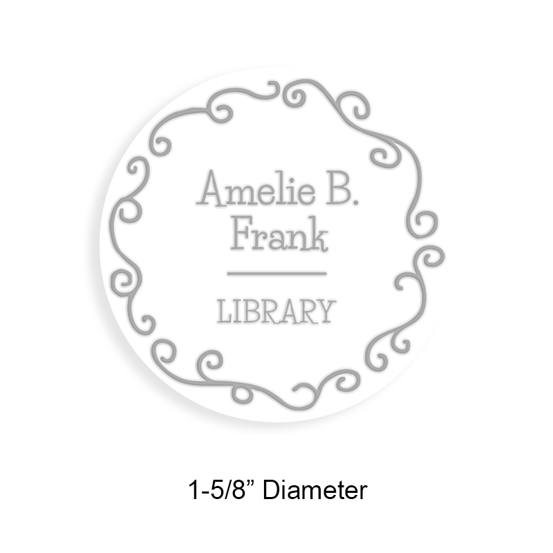 Tailor-made 1-5/8" round book embosser. Fancy curls border design. 3 different mount options available. Desk, gift and pocket. Fast shipping.