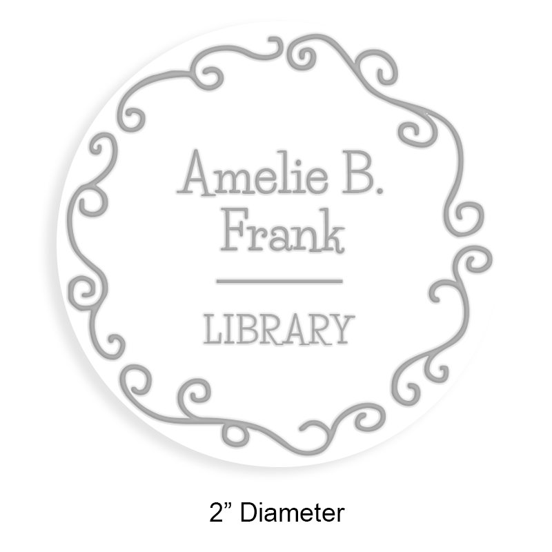 Personalize this 2" round book embosser. Fancy curls border design. 4 mount options available. Desk, gift, pocket and EX long reach. Fast shipping.