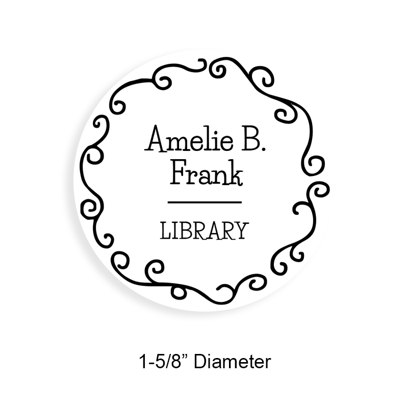 Tailor-made 1-5/8"" round book stamp. Fancy curls border design. 6 mount options available. Wood, self-inking and pre-inking. Fast shipping.