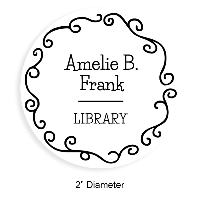 Personalize this 2" round book stamp. Fancy curls border design. 6 mount options available. Wood, self-inking and pre-inking. Fast shipping.
