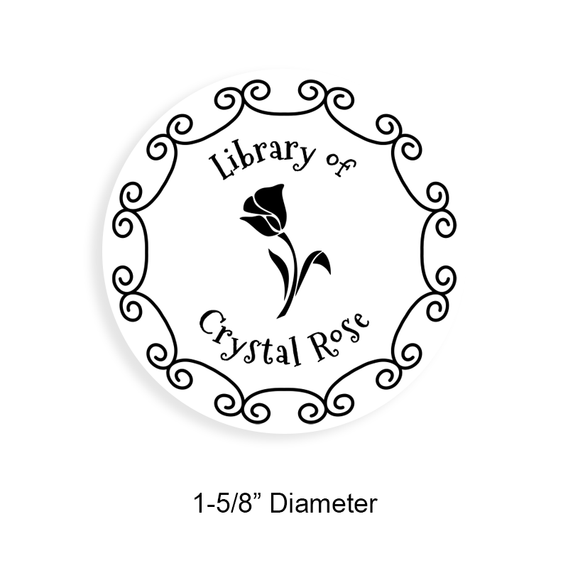 Custom-made 1-5/8" round book stamp. Scroll border w/ flower design. 6 mount options available. Wood, self-inking and pre-inking. Fast shipping.