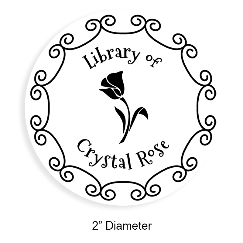 Personalize this 2" round book stamp. Scroll border w/ flower design. 6 mount options available. Wood, self-inking and pre-inking. Fast shipping.