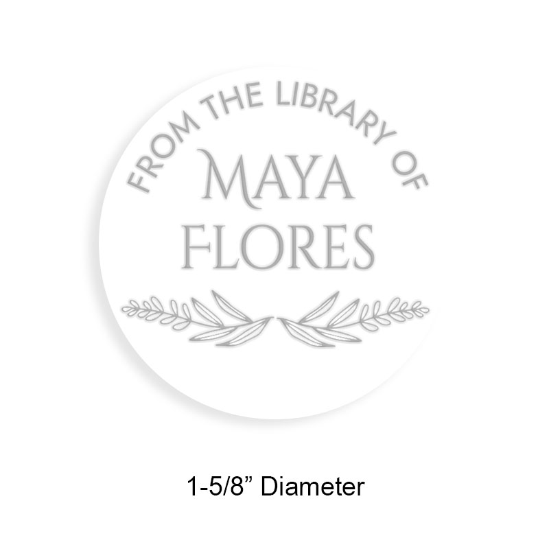 Made-to-order 1-5/8" round book embosser. Laurel leaves design. 3 different mount options available. Desk, gift and pocket. Fast shipping.
