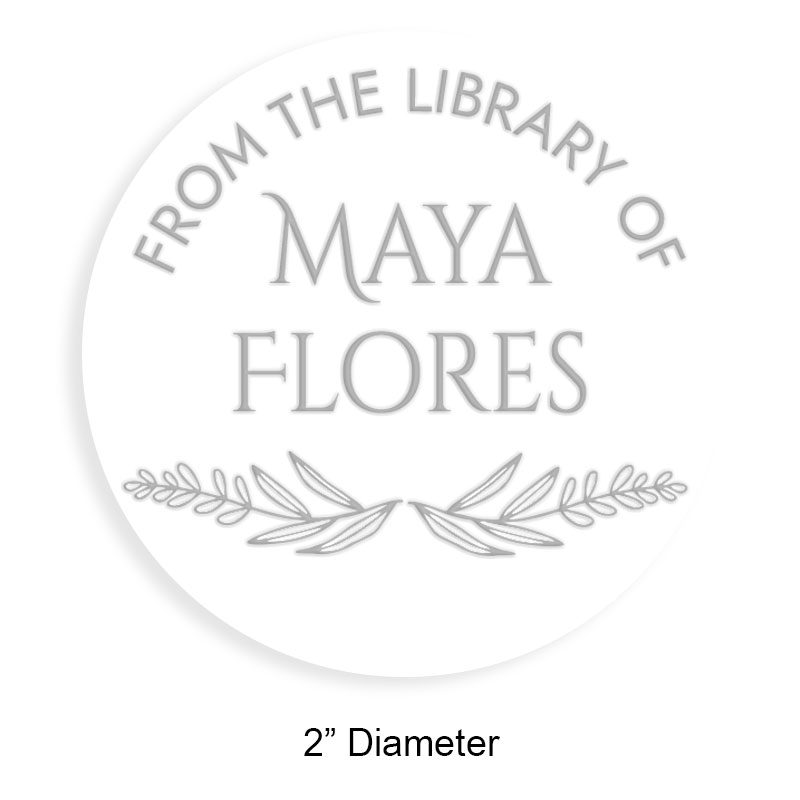Personalized 2" round book embosser. Laurel leaves design. 4 mount options available. Desk, gift, pocket and EX long reach. Fast shipping.