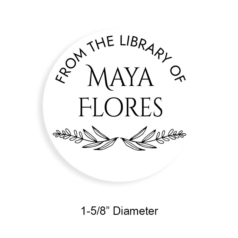 Made-to-order 1-5/8" round book stamp. Laurel leaves design. 6 mount options available. Wood, self-inking and pre-inking. Fast shipping.