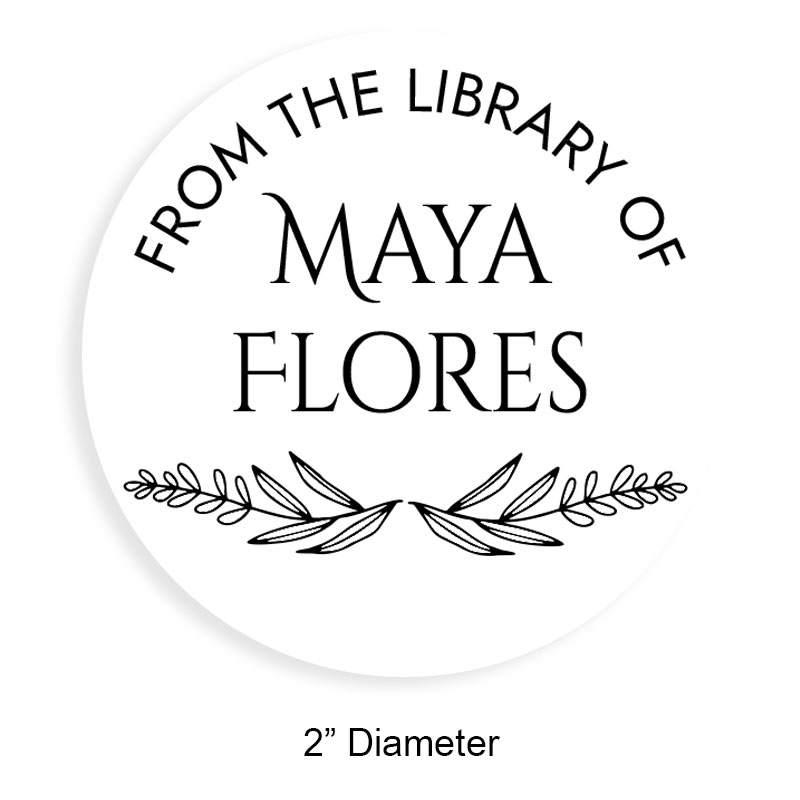 Personalized 2" round book stamp. Laurel leaves design. 6 mount options available. Wood, self-inking and pre-inking. Fast shipping.