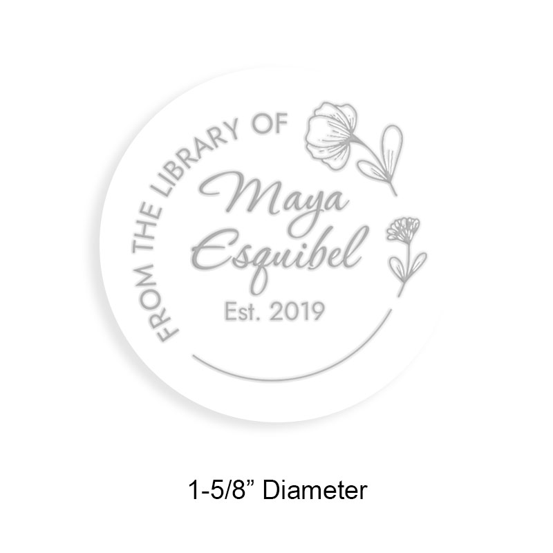 Customizable 1-5/8" round book embosser. Floral hoop border design. 3 different mount options available. Desk, gift and pocket. Fast shipping.