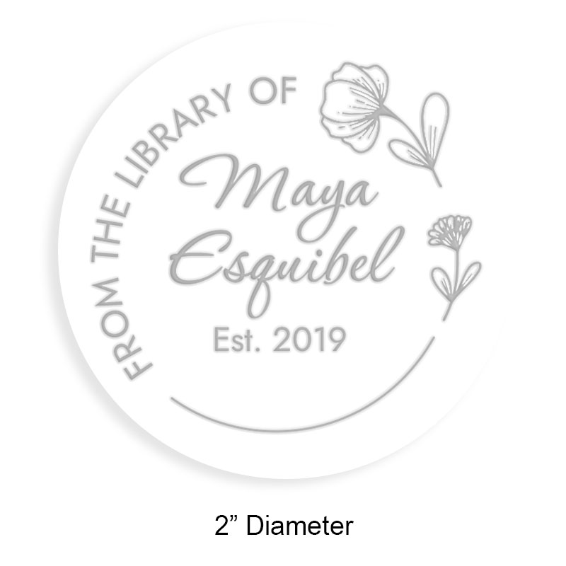 Customize this 2" round book embosser. Floral hoop border design. 4 mount options available. Desk, gift, pocket and EX long reach. Fast shipping.