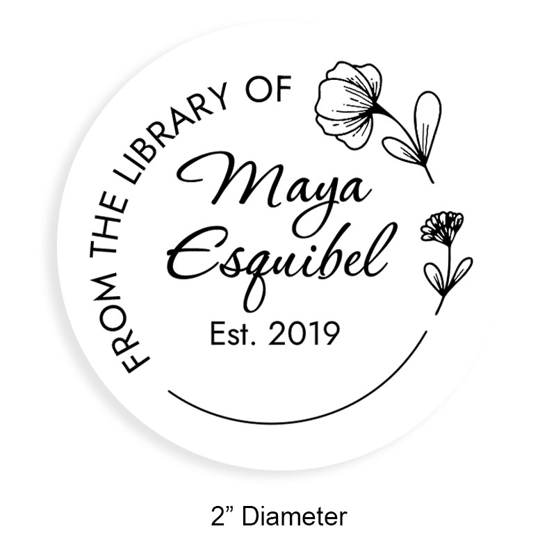 Customize this 2" round book stamp. Floral hoop border design. 6 mount options available. Wood, self-inking and pre-inking. Fast shipping.