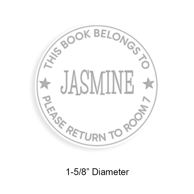 Custom-made 1-5/8" round book stamp. Single line border w/ stars design. 6 mount options available. Wood, self-inking and pre-inking. Fast shipping.
