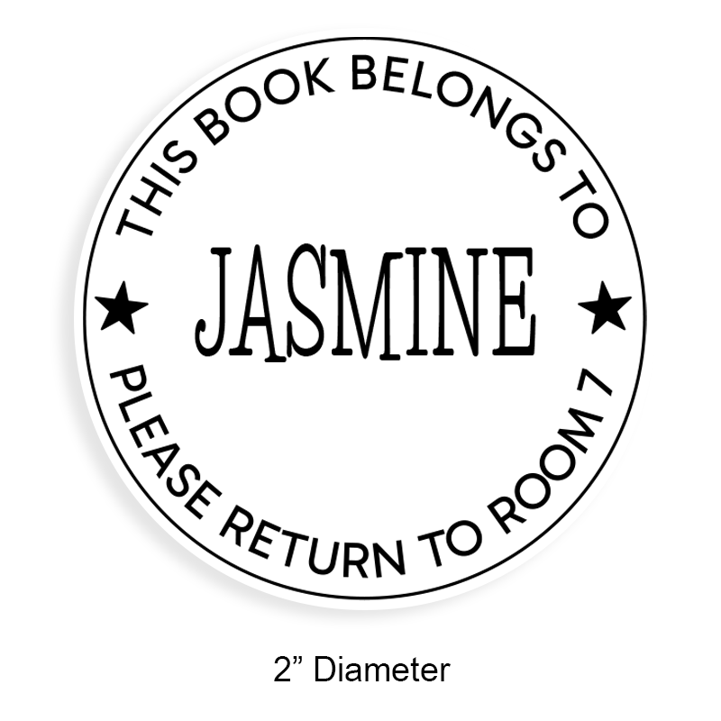 Personalized 2" round book stamp. Single line border w/ stars design. 6 mount options available. Wood, self-inking and pre-inking. Fast shipping.