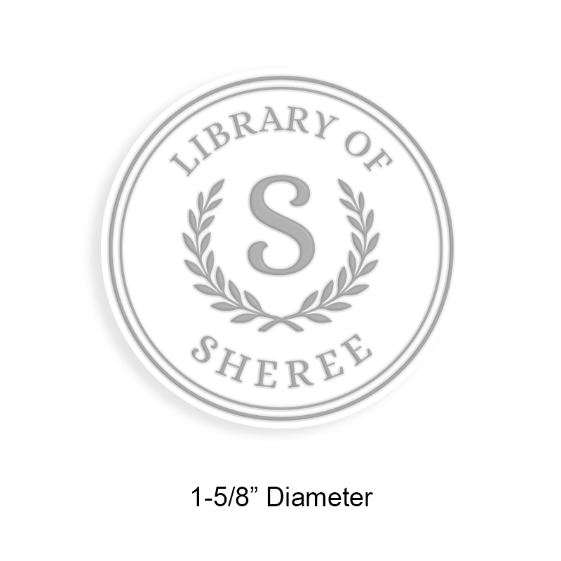 Made-to-order 1-5/8" round book embosser. Initial w/ laurel leaves design. 3 mount options available. Desk, gift and pocket. Fast shipping.