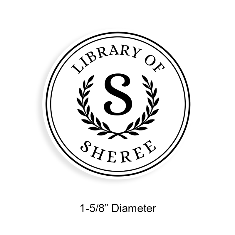 Made-to-order 1-5/8" round book stamp. Initial w/ laurel leaves design. 6 mount options available. Wood, self-inking and pre-inking. Fast shipping.