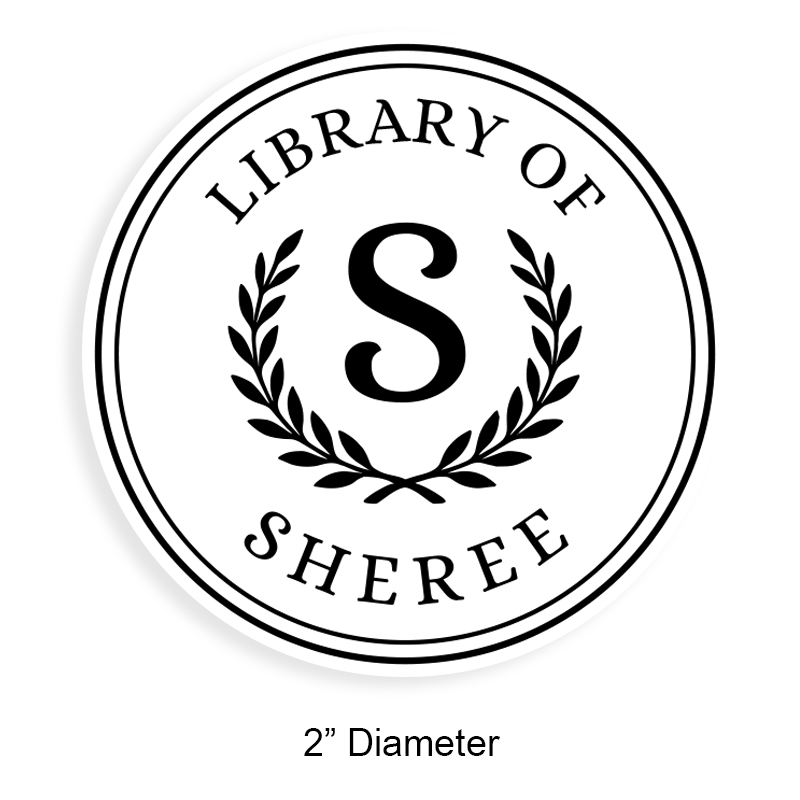 Personalize this 2" round book stamp. Initial w/ laurel leaves design. 6 mount options available. Wood, self-inking and pre-inking. Fast shipping.