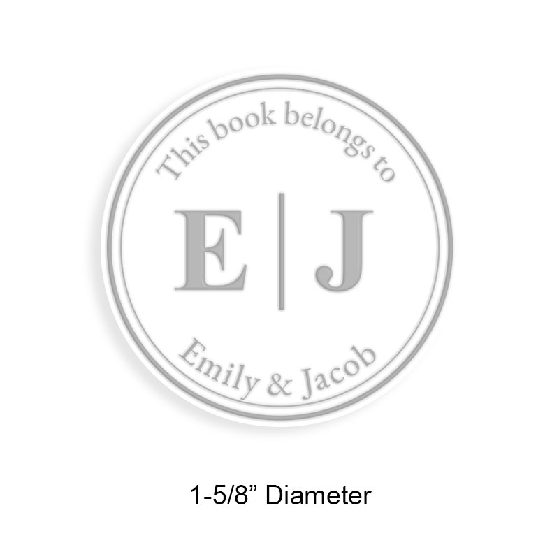 Tailor-made 1-5/8" round book embosser. Dbl line w/ initial border design. 3 mount options available. Desk, gift and pocket. Fast shipping.