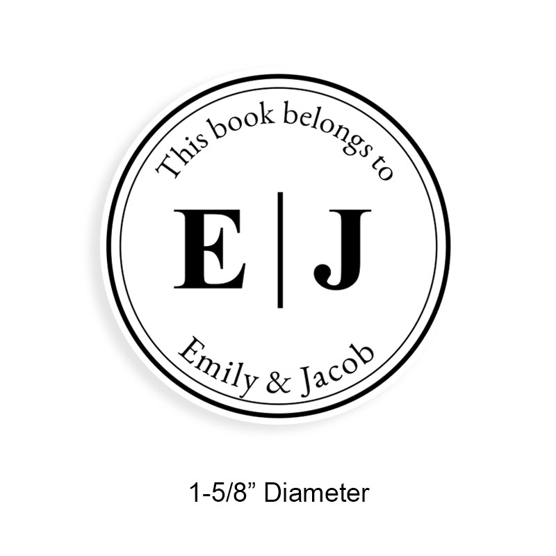 Tailor-made 1-5/8" round book stamp. Dbl line w/ initial border design. 6 mount options available. Wood, self-inking and pre-inking. Fast shipping.