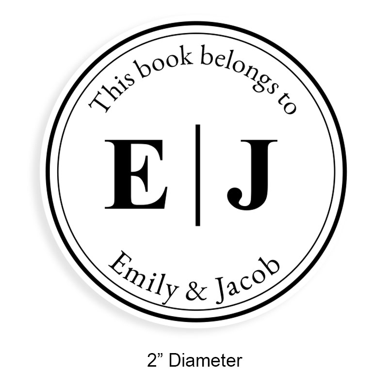 Personalized 2" round book stamp. Dbl line w/ initial border design. 6 mount options available. Wood, self-inking and pre-inking. Fast shipping.
