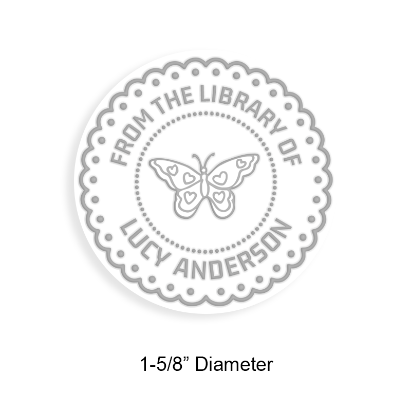 Custom-made 1-5/8" round book embosser. Butterfly doily design. 3 mount options available. Desk, gift and pocket. Fast shipping.