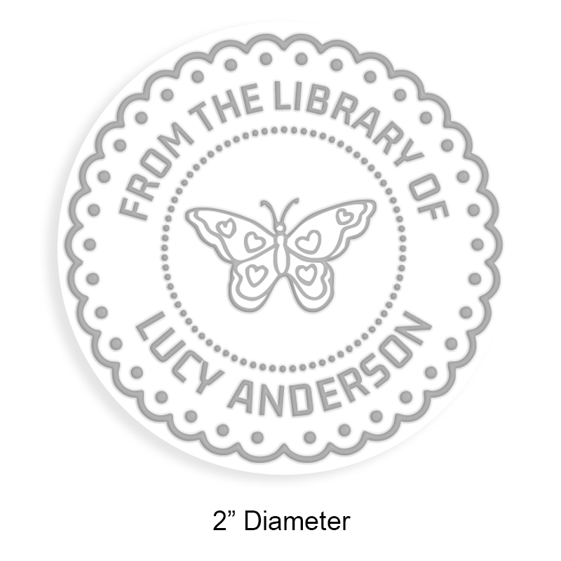 Personalize this 2" round book embosser. Butterfly doily design. 4 mount options available. Desk, gift, pocket and EX long reach. Fast shipping.