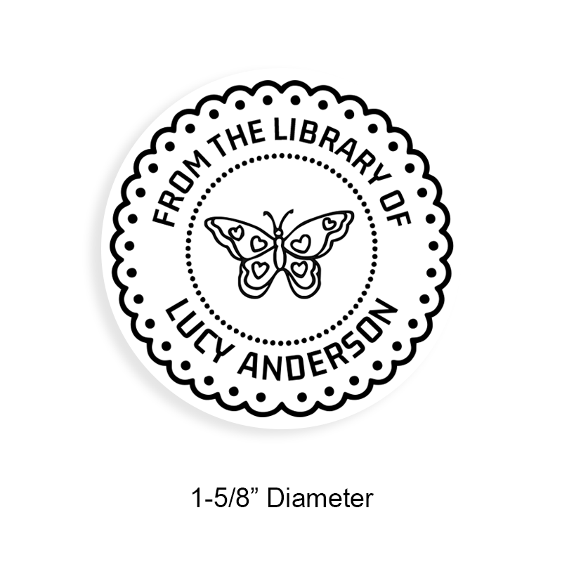 Custom-made 1-5/8" round book stamp. Butterfly doily design. 6 mount options available. Wood, self-inking and pre-inking. Fast shipping.