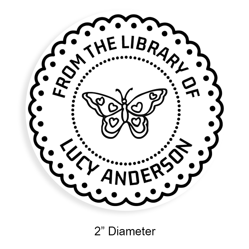 Personalize this 2" round book stamp. Butterfly doily design. 6 mount options available. Wood, self-inking and pre-inking. Fast shipping.