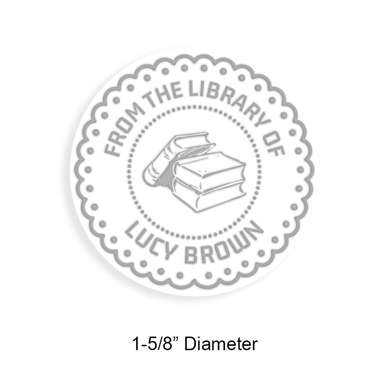 Made-to-order 1-5/8" round book embosser. Lace border w/ books design. 3 mount options available. Desk, gift and pocket. Fast shipping.