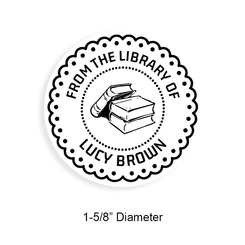 Made-to-order 1-5/8" round book stamp. Lace border w/ books design. 6 mount options available. Wood, self-inking and pre-inking. Fast shipping.