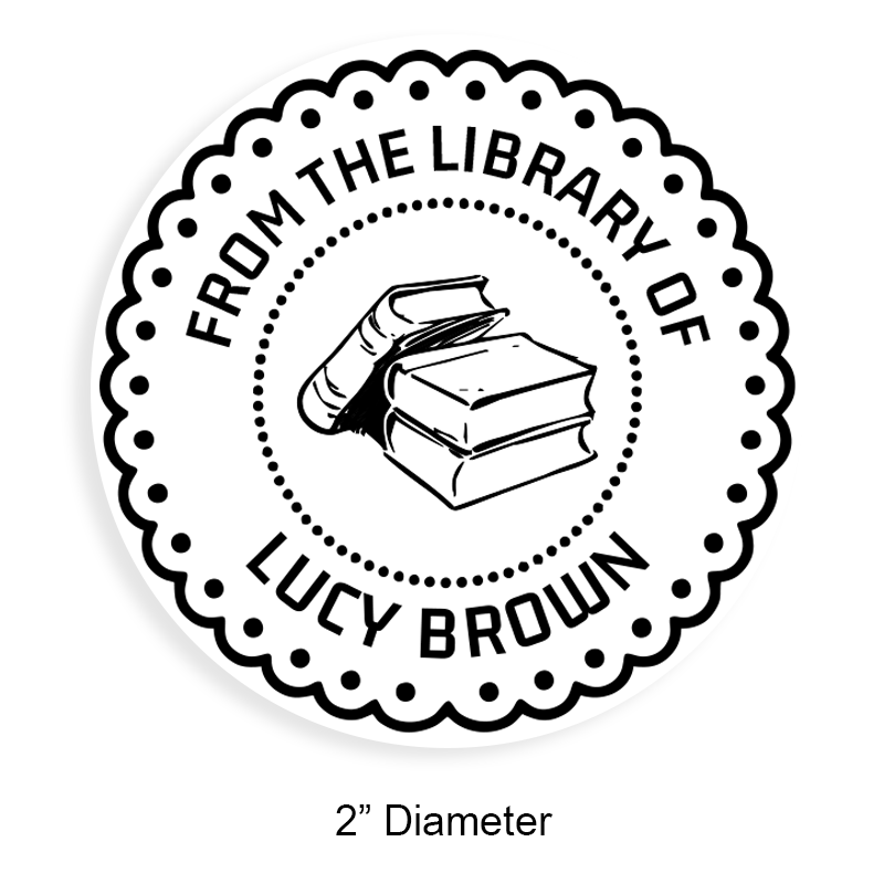Personalized 2" round book stamp. Lace border w/ books design. 6 mount options available. Wood, self-inking and pre-inking. Fast shipping.