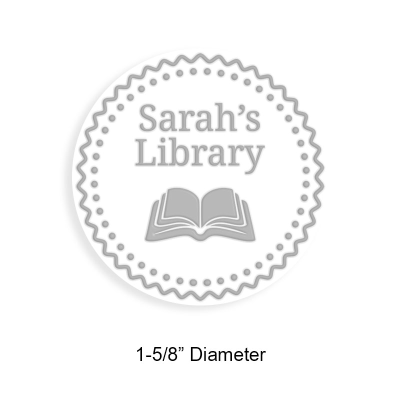 Customizable 1-5/8" round book embosser. Sawtooth border w/ book design. 3 mount options available. Desk, gift and pocket. Fast shipping.