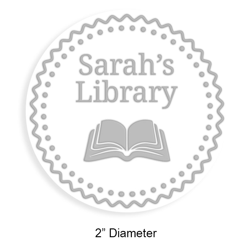 Customize this 2" round book embosser. Sawtooth border w/ book design. 4 mount options available. Desk, gift, pocket and EX long reach. Fast shipping.